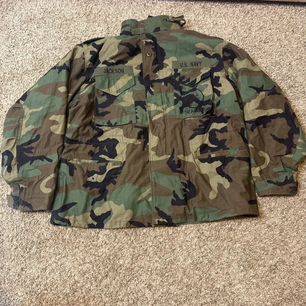 Vintage US Navy M65 Field Jacket Mens XL Woodland Camo Cold Weather 1999 Seabees
